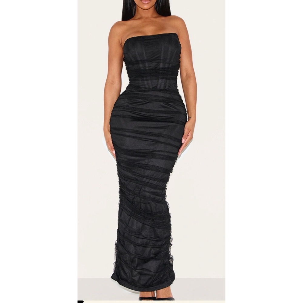 PrettyLittleThing Shape Black Mesh Ruched Corset Strapless Maxi Dress US 12 NWT